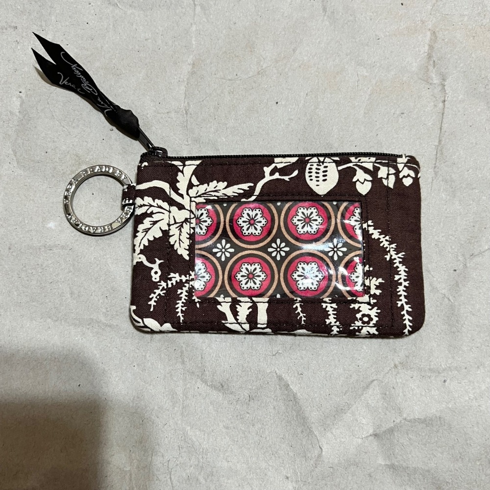 Vera Bradley Small Zip ID Case Java Blue Brown Floral Quilted Wallet Keyring